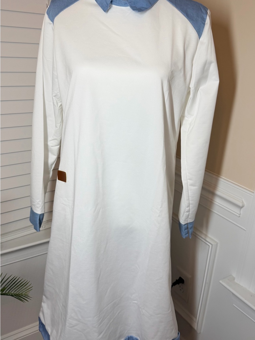 White Shift Dress with Light Blue Collar & Cuff Detail
